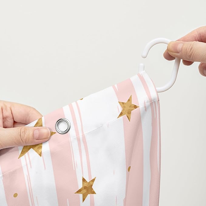 AILONEN Stars Shower Curtain, Pink Striped and Gold Stars Waterproof Shower Curtain,Simple Vintage Style Shower Curtain Liner for Girls Women Adults,36" W*72" H