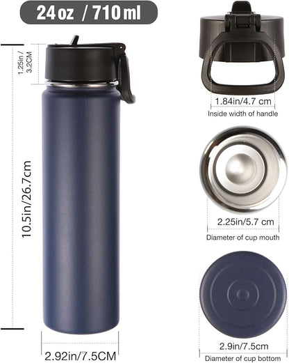 Volhoply 24oz Insulated Water Bottle With Straw Bulk 8 Pack,Metal Wide Mouth Water Bottles With Handle Lid Keep Cold,Reusable Double Wall Thermos,Powder Coated Sport Bottle For Holder(Navy,8 Count)