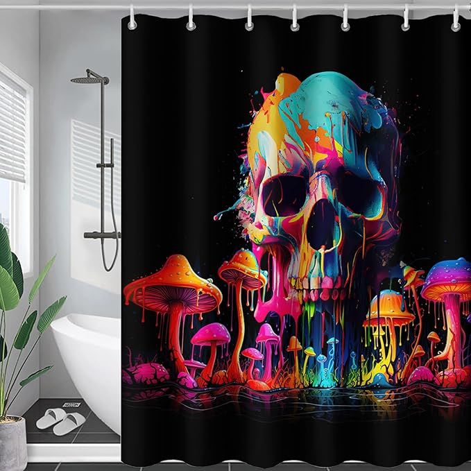 AILONEN Mushroom Skull Shower Curtain for Bathroom, 3D Oil Painting Mushroom Skull Bath Curtain for Kids Boys Girls,Modern Abstract Print Waterproof Black Curtain with 12 Plastic Hooks, 36" W*72" H