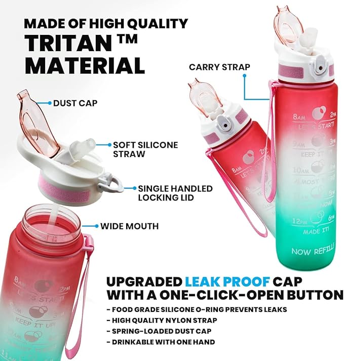 Prometheuz 32oz Water Bottle with Straw, Motivational Water Bottle with Time Marker, Water Bottles Leakproof & BPA-Free for Sports, Work and Fitness Rose Mint