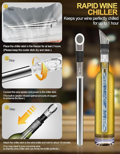 6pcs Wine Chiller Set - 2 Wine Bottle Cooler Sticks + 1 Wine Aerator Pourer + 1 Foil Cutter + 2 Wine Stoppers, Wine Tasting Drinking Accessory, Hosting Wine Gift for Wine Lover Women Men