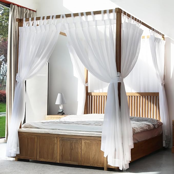 AIKASY Canopy Bed Board with Top and Self-Adhesive Velcro Strips, White Gauze Princess Bed Canopy Curtain Tent, Creating a Romantic Atmosphere in The Room（King/California King，White）