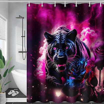 AILONEN 3D Black Panther Shower Curtain for Bathroom,Romantic Rose Smoky Leopard Printed Bath Curtain,Wildlife Cheetah Decoration Shower Curtain Waterproof 72" W*84" H