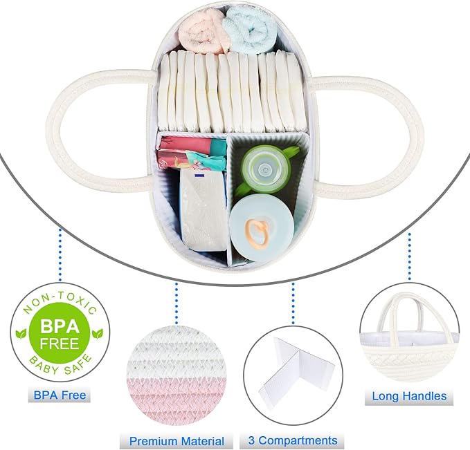 ABenkle Baby Diaper Caddy, Nursery Storage Bin and Car Organizer for Diapers Wipes, Cotton Rope Basket Changing Table Caddy