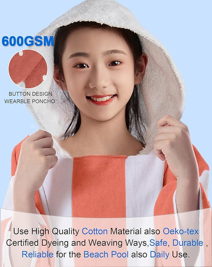 VOOVA & MOVAS Big Kids Hooded Towel Poncho | Large, Soft, Absorbent Cotton | 8-16Years | Versatile for Pool, Swim,Beach and Bathroom | Orange Cabana Stripe