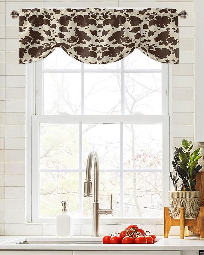 Brown Cowhide Cow Print Blackout Tie Up Valance Curtains for Kitchen Windows Graffie Window Toppers Balloon Shades for Living Room/Bathroom/Bedroom,1 Panel,42" X 12"