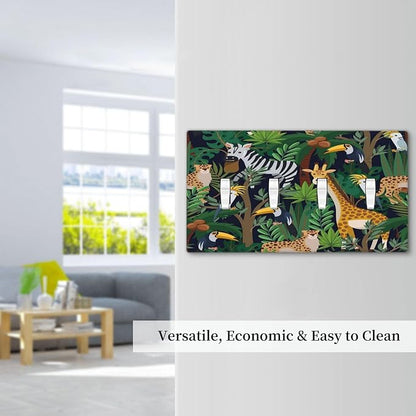 Cartoon Animal Zebra Leopard Giraffe Bird Leaf Quad Toggle Nursery Light Switch Covers Decorative 4 Gang Wall Plate Electrical Faceplate Switchplate for Kidroom Bedroom Bathroom Decor