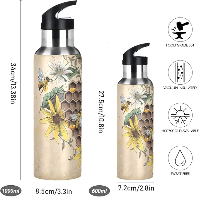 ALAZA Honey Bee Retro Floral Water Bottle With Straw Lids Boys Girls,Vacuum Insulated Leakproof Stainless-Steel Sports Bottle Thermal Flask For Gym Yoga Camping,20Oz (600Ml)