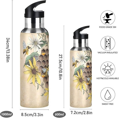 ALAZA Honey Bee Retro Floral Water Bottle With Straw Lids Boys Girls,Vacuum Insulated Leakproof Stainless-Steel Sports Bottle Thermal Flask For Gym Yoga Camping,20Oz (600Ml)