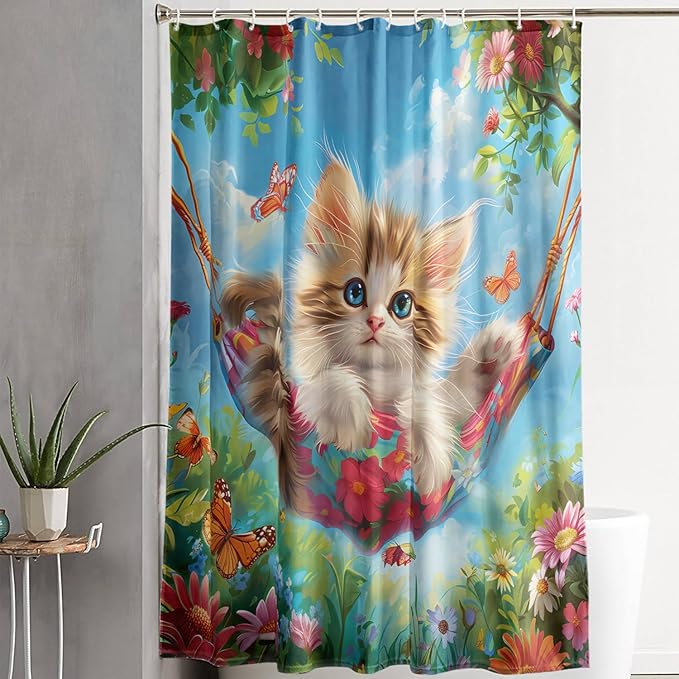 AILONEN Kawaii Cat Shower Curtain Set, Swing Cat with Butterfly Waterproof Fabric Shower Curtain for Kids Boys Girls,Cartoon Pet Cats Cloth Bath Curtain,72" W*78" H