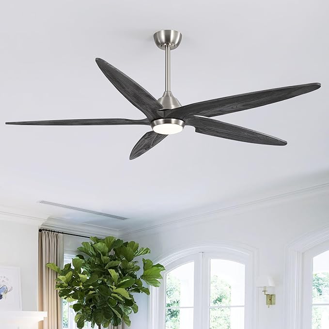 54 Inch Modern Ceiling Fan with Lights and Remote, 5 Wood Blades, 6-Speed Noiseless Reversible DC Motor with Replaceable Downrods for Bedroom Living Room Dining Room, Nickel and Gray