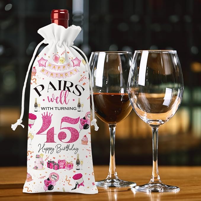 45th Birthday Gifts for Women Men Wine Bag, 45 Year Old Birthday Gifts for Men, 45th Birthday Party Decorations for Women Men, Pairs Well with Turning 45 Wine Bags (White Pink)