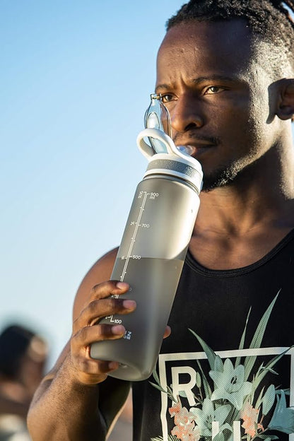 Prometheuz 32oz Water Bottle with Straw, Motivational Water Bottle with Time Marker, Water Bottles Leakproof & BPA-Free for Sports, Work and Fitness Grey