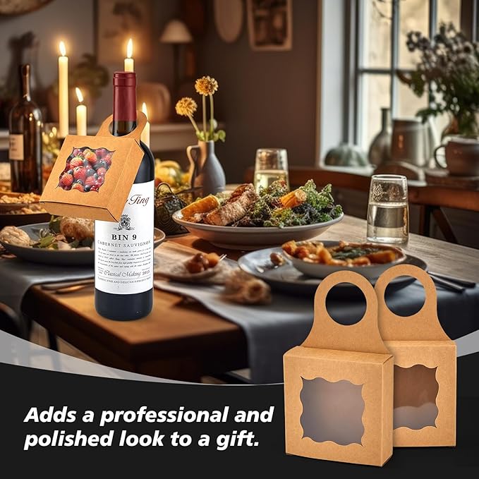 30pcs Wine Bottle Box with Window, Kraft Paper Hanging Box Foldable Decor Wine Bottle Hanging Favor Boxes Gift Boxes for Holding Party Birthday Candy Truffles Chocolate Cookies