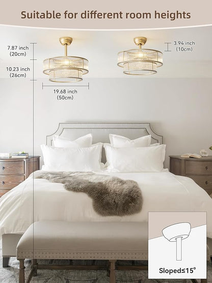 20" Gold Crystal fandelier Ceiling Fan with Lights,Gold Caged Chandelier Ceiling Fan with Light Remote Control,Enclosed Mid Century with 6 Speeds for Bedroom,Living Room,Nursery