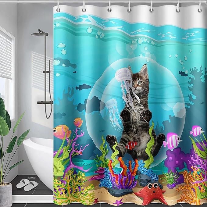AILONEN Funny Cat Shower Curtain for Bathroom, Ocean Animal Print Shower Curtain, 72" W*84" H Waterproof Polyester Cat Lover Shower Curtain Decor Bathroom with Grommets and Hooks