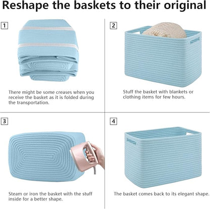 4 Pack Storage Baskets for Organizing Toys, Towels, and Clothes, Woven Basket for Shelves, Sturdy Nursery Cube Bins for Storage, 13''L x9''W x7.8''H, Blue