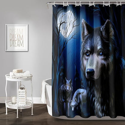 AILONEN Cool Wolf Shower Curtain,Evening Moon Wolf Bath Curtain for Bathroom Decor,Polyester Waterproof for Shower,72" W*78" H with 12 Plastic Hooks