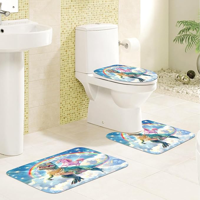 4PCS Dinosaur Shower Curtain Set with 12 Hooks for Bathroom Sets Dinosaur Decor, Non-Slip Rugs and Toilet Mat Lid Rug, Durable Waterproof for Bathroom Funny Cartoon Dinosaur Decor 72x72 Inch