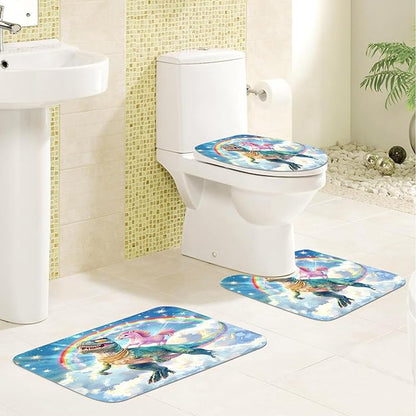 4PCS Dinosaur Shower Curtain Set with 12 Hooks for Bathroom Sets Dinosaur Decor, Non-Slip Rugs and Toilet Mat Lid Rug, Durable Waterproof for Bathroom Funny Cartoon Dinosaur Decor 72x72 Inch