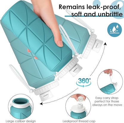 23oz Collapsible Silicone Water Bottle, BPA Free, Portable for Hiking, Travel, Camping, Yoga, Foldable, Leakproof, Lightweight, 690mL