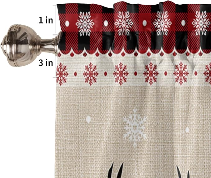 Farmhouse Christmas Kitchen Curtains and Valances Set,Rustic Plaid XMAS Tree Snowflakes Window Treatments Tiers Red Green Black Half/Short Curtains for Small Windows Cafe /Living/ Bedroom 54x24 in