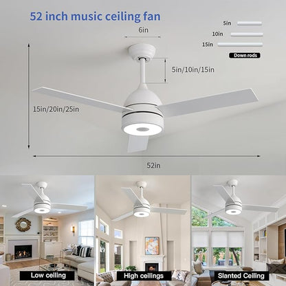 52 Inch Ceiling Fan With RGB Dimming LED Light,With Music Bluetooth Speaker,Remote Control,3-Speed Regulation, Reversible Motor,Timing,For Living room,Bedroom,Restaurant,Outdoor