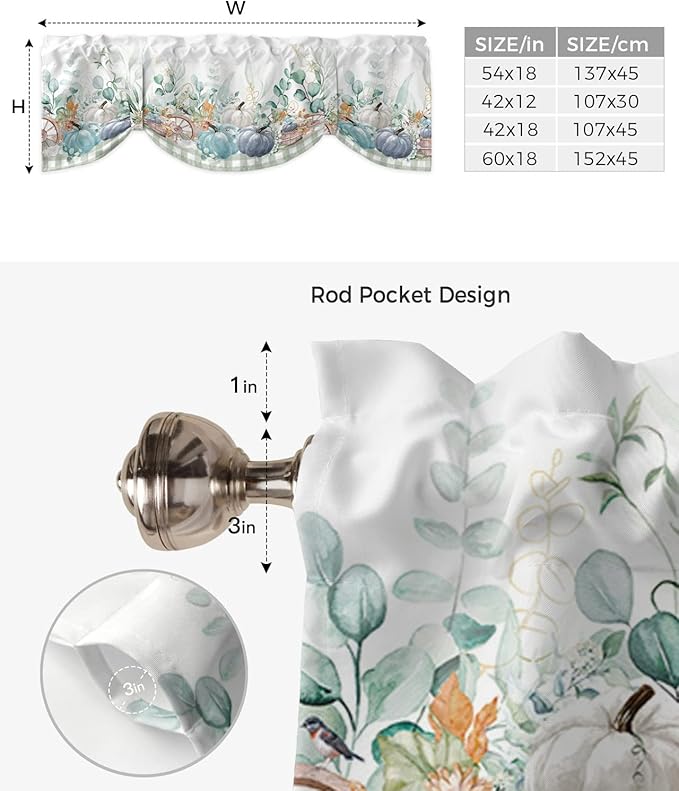 Fall Thanksgiving Blackout Tie Up Valance Curtains for Kitchen Windows Navy Blue Pumpkins Green Eucalyptus Leaves Window Toppers Balloon Shades for Living Room/Bathroom/Bedroom,42" X 18",Sage Plaid