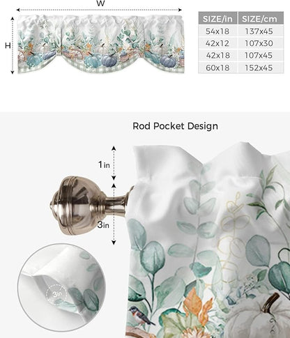 Fall Thanksgiving Blackout Tie Up Valance Curtains for Kitchen Windows Navy Blue Pumpkins Green Eucalyptus Leaves Window Toppers Balloon Shades for Living Room/Bathroom/Bedroom,60" X 18",Sage Plaid