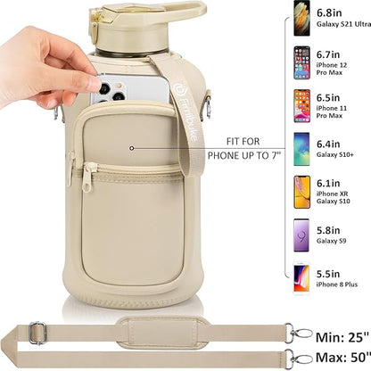 Fimibuke Half Gallon Water Bottle with Sleeve 64 OZ Water Bottle with Handle & Straw Leakproof Motivational Sports Gym Water Bottle with Time Marker BPA Free Water Jug with Reusable Neoprene Holder