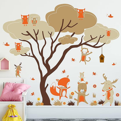 Woodland Animals Large Tree Wall Stickers Fox Deer Monkey Owl Wall Decals Removable DIY Peel and Stick Wall Decor for Kids Baby Bedroom Living Room