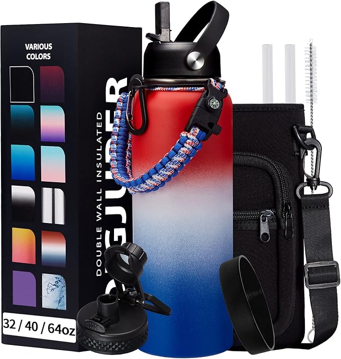 40oz Insulated Water Bottle with Straw, Paracord Handle & Carrier Bag, Wide Mouth Vacuum Insulated Hydro Bottle, Stainless Steel Thermo Flask Bottle for Sports Office School, Cold 48Hrs & Hot 24Hrs