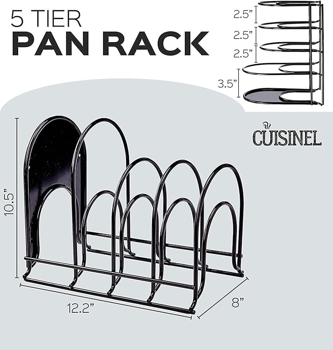 Cuisinel Heavy Duty Pan Organizer - 12.2" - 5 Tier Rack - Holds 50 LB - Cast Iron Skillets, Griddles and Shallow Pots - Durable Steel Construction - Space Saving Kitchen Storage - No Assembly Required