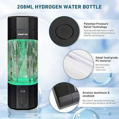 2024 New Upgrade 10000PPB Hydrogen Water Bottle Seven Colorful Light Double Anti-Slip and Leak-Proof Hydrogen Water Generator with Pressure Relief Valve-Black