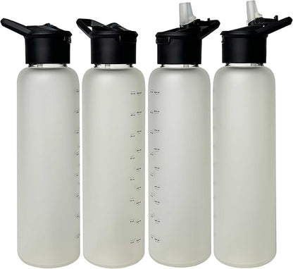 32 oz Motivational Glass Water Bottle with Straw Lid and Neoprene Sleeve | Sport Water Bottle with Measurements (Black)