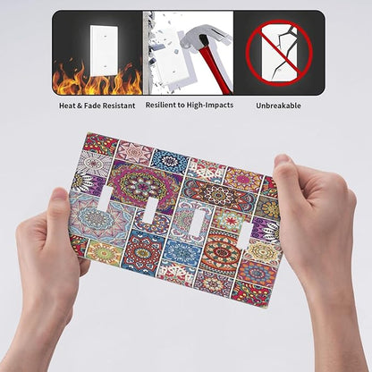 Morocco Talavera Mexican Tiles Printed Colroful Mandala Quad Toggle Light Switch Covers 4 Gang Wall Plate Decorative Switchplate Electrical Faceplate for Kitchen Bathroom Bedroom Decor