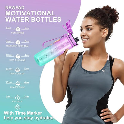 32 oz Water Bottle with Detachable Straw, Clear Motivational Water Bottles with Time to Drink, Tritan & BPA Free Sports Water Jug with Time Marker, Upgraded handle design