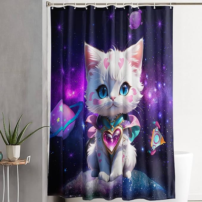 AILONEN Cartoon Cat Shower Curtain Set for Kids Boys Girls, Kawaii Love Kitten Shower Curtain for Bathroom,Galaxy Planet Washable Fabric Shower Curtain with Hooks,72" W*72" H
