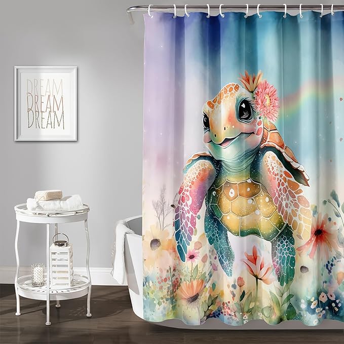 AILONEN Kawaii Sea Turtle Shower Curtain,Tie Die Ocean Animal Themed Bath Curtain Cloth Fabric Bathroom 72" W*84" H Inch,12 Pack Hooks for Kids Child Cute Watercolor Sea Animal Bathroom Curtain