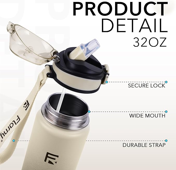 32 oz Insulated Water Bottle with Straw, Stainless Steel Metal Thermos Bottles, Durable Non-Slip Gradient Bottle with Strap for Sports and Travel, Leak Proof (White Gray)