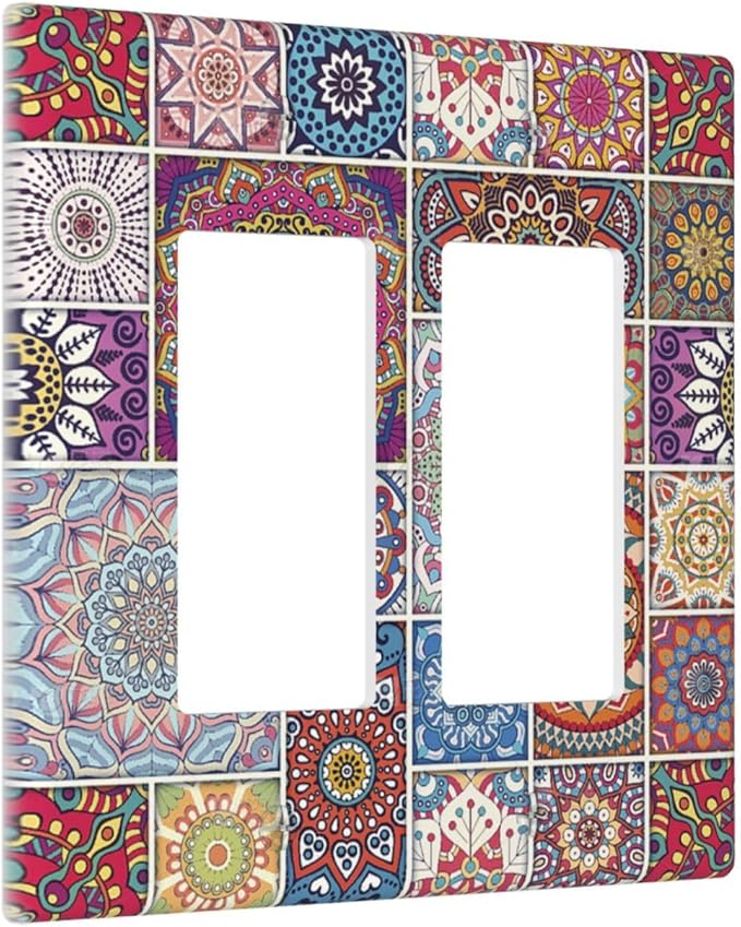 Morocco Talavera Mexican Tiles Printed Colroful Mandala 2 Gang Rocker Decora Light Switch Covers Dual Outlet Covers Wall Plate Decorative Switchplate Electrical Faceplate GFCI for Kitchen Bathroom