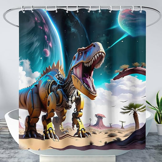 AILONEN Dinosaur Shower Curtain for Kids Boys Teens.Sky Blue Planet Dinosaur Bath Curtain for Bathroom,Machine Dinosaur Curtain Modern Polyester with 12 Plastic Hooks 48" W*72" H