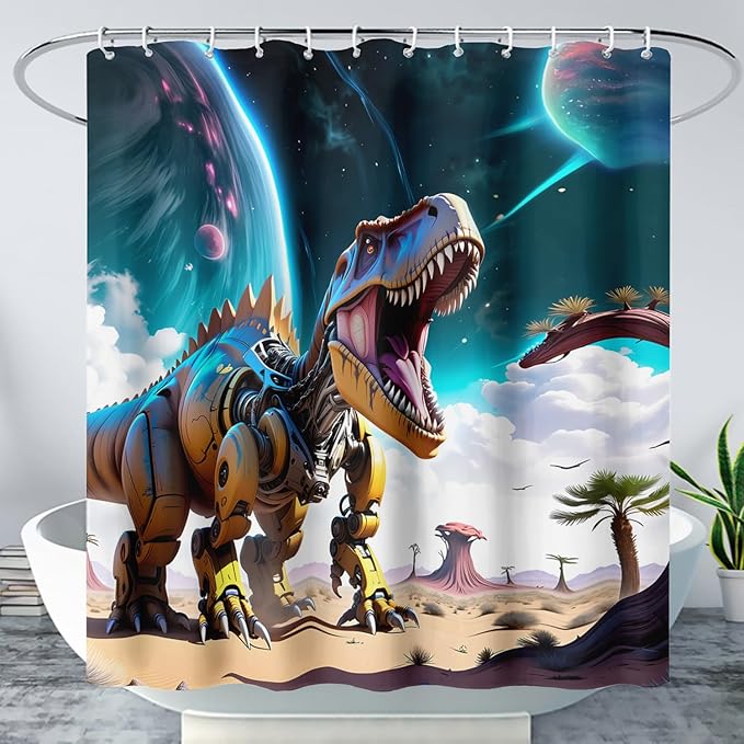 AILONEN Dinosaur Shower Curtain for Kids Boys Teens.Sky Blue Planet Dinosaur Bath Curtain for Bathroom,Machine Dinosaur Curtain Modern Polyester with 12 Plastic Hooks 72" W*78" H