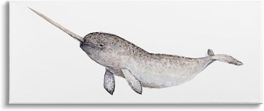 Stupell Industries Baby Narwhal Watercolor Painting Children's Nursery Aquatic Animal Canvas Wall Art, 48 x 20, Grey