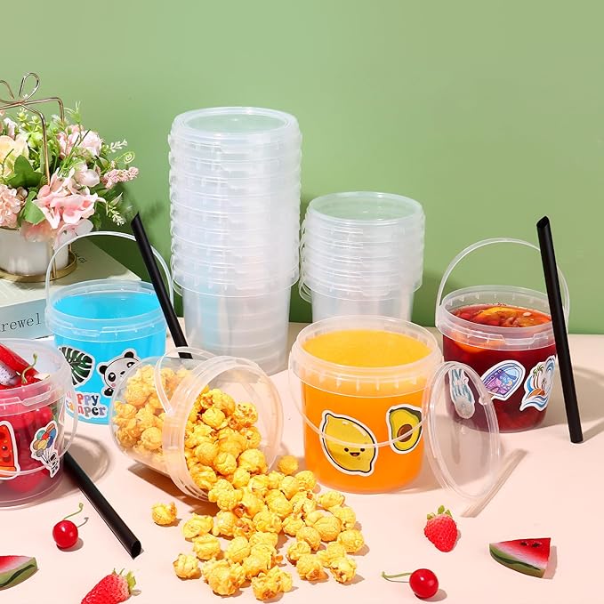 30 Pcs Ice Cream Buckets with Lids and Handles Drink Rum Buckets for Parties Cocktails Reusable Clear Plastic Food Containers with 50 Pcs Sports Stickers