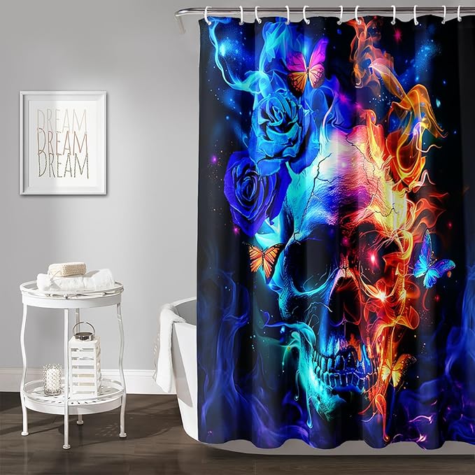 AILONEN Sugar Skull Shower Curtain,Blue Rose Flower Skull Bath Curtain,3D Printed Fire Skull Waterproof Curtain,Galaxy Butterfly Shower Curtain for Bathroom 60" W x 72" H