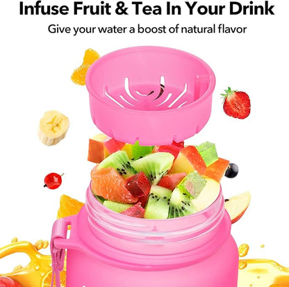 32oz/26oz Motivational Water Bottle with Time Marker & Fruit Strainer, Leak-proof BPA Free Non-Toxic 1l Bottle with Carrying Strap, Perfect for Fitness, Gym and Outdoor Sports, Plastic