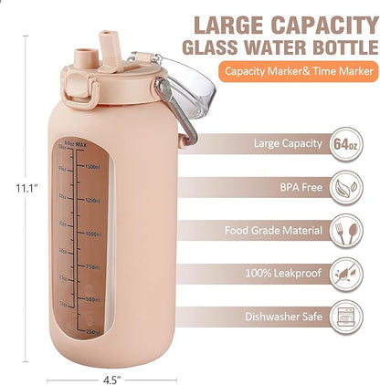 kytffu 64 oz Glass Water Bottle with Straw and Stainless Steel Handle, Half Gallon Water Bottle with Silicone Sleeve and Time Marker, 2L Large Glass Bottle for Gym, School, Travel, Leak-proof (Amber)