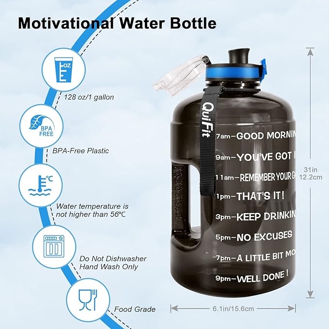 QuiFit 1 Gallon Water Bottle - 128 oz Water Bottle with Times to Drink - BPA Free Motivational Water Bottle with Infuser - Large Water Bottle - Sports Water Bottle 1 Gallon in Gym(Black, 1 Gallon)