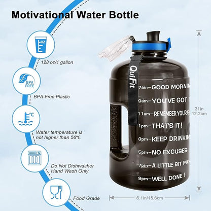 QuiFit 1 Gallon Water Bottle - 128 oz Water Bottle with Times to Drink - BPA Free Motivational Water Bottle with Infuser - Large Water Bottle - Sports Water Bottle 1 Gallon in Gym(Black, 1 Gallon)